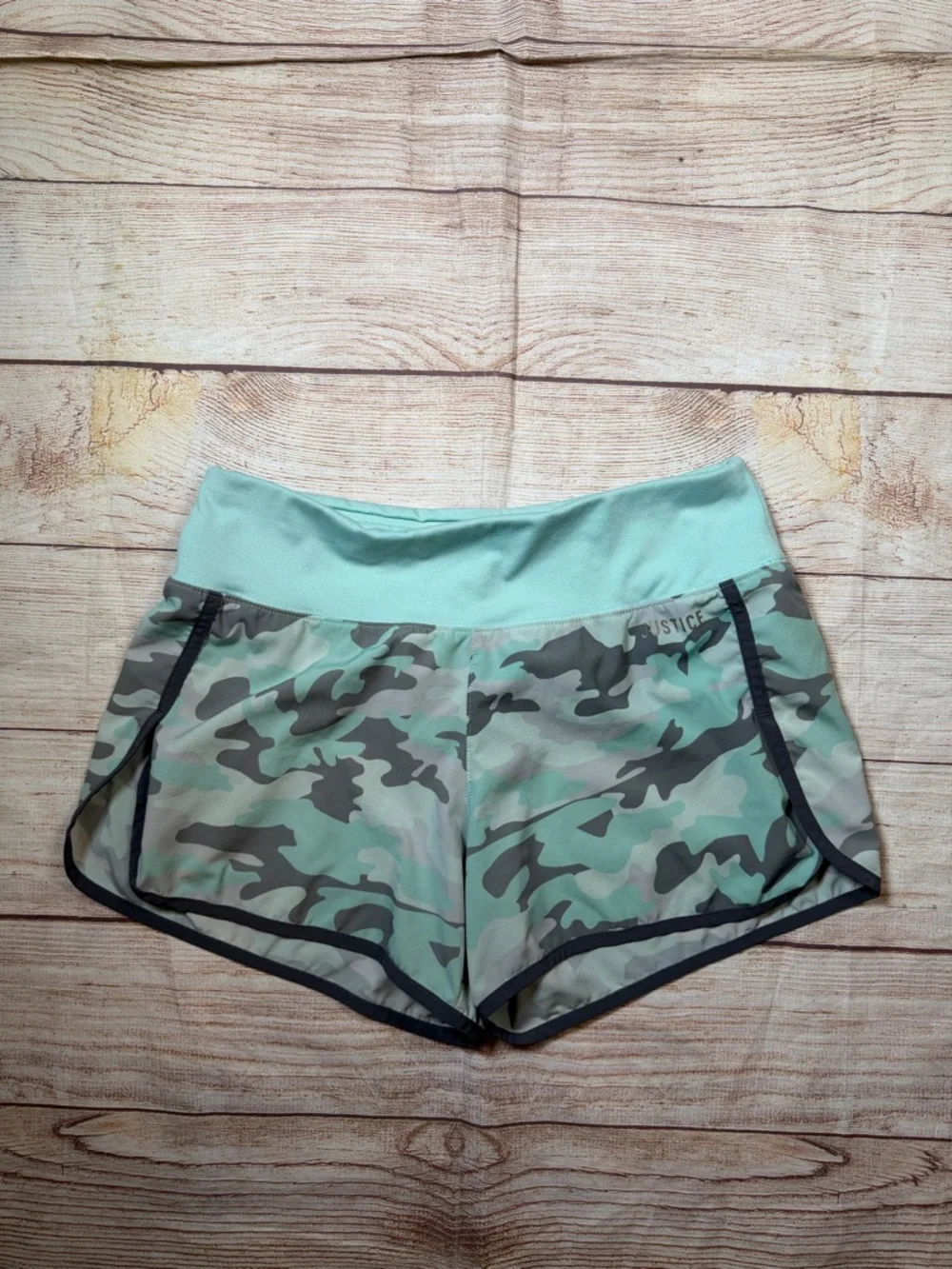 Justice Mint Green Camo Athletic Shorts with Black Trim